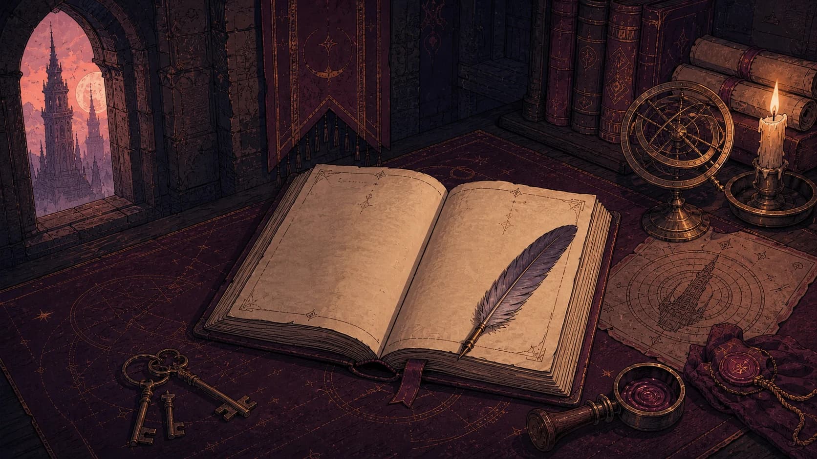 Sovereign Tower wiki illustrated archive Illustrated royal archive with an open ledger, tower map, keys, quill and astrolabe